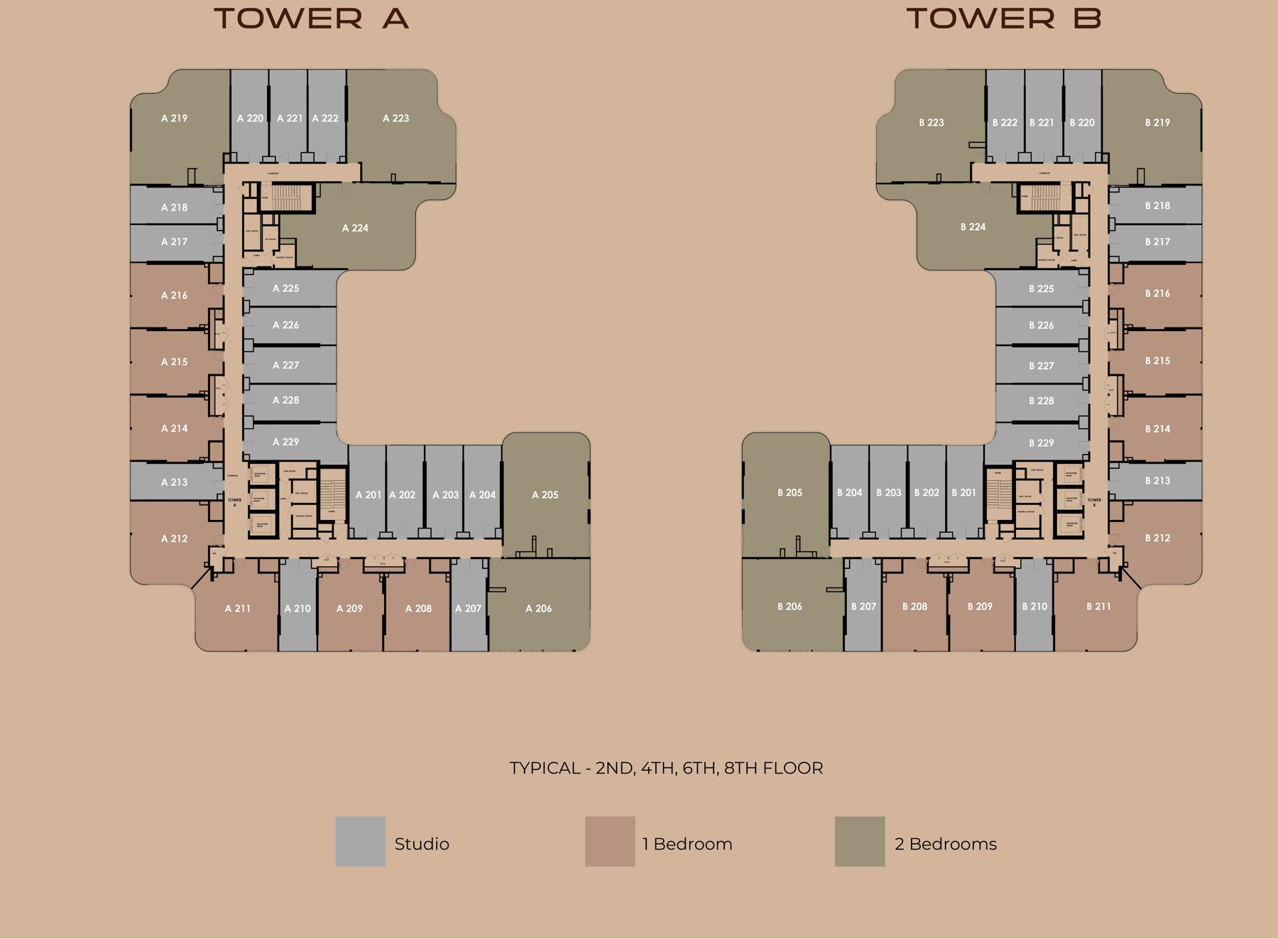 HOLM 3 Typical — 2nd, 4th, 6th, 8th floor floor plate, Tower A and Tower B