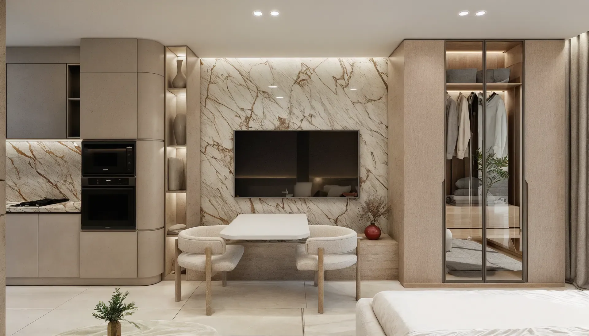 Open kitchen and living room of a two-bedroom apartment