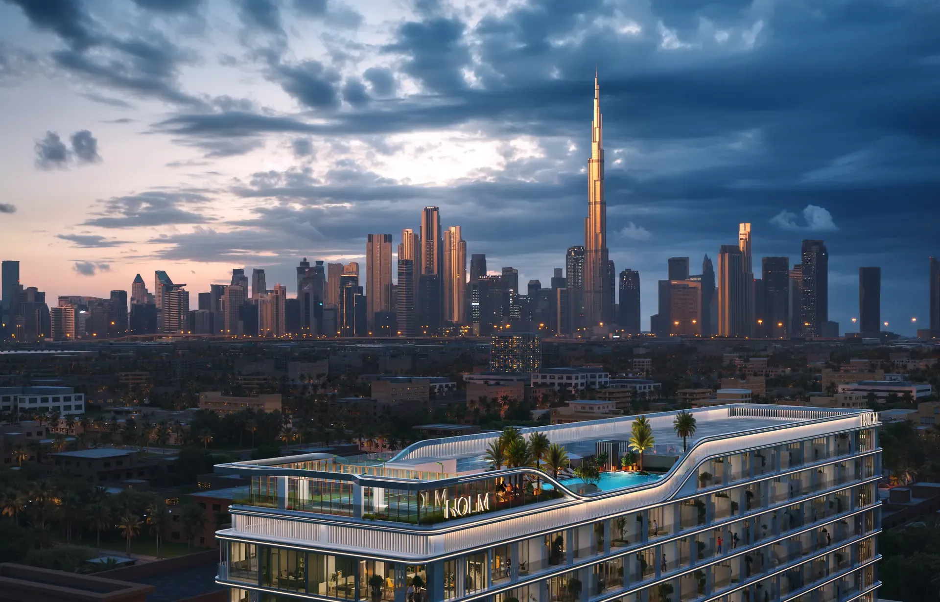 Aerial view of the district at dusk, Burj Khalifa on the horizon