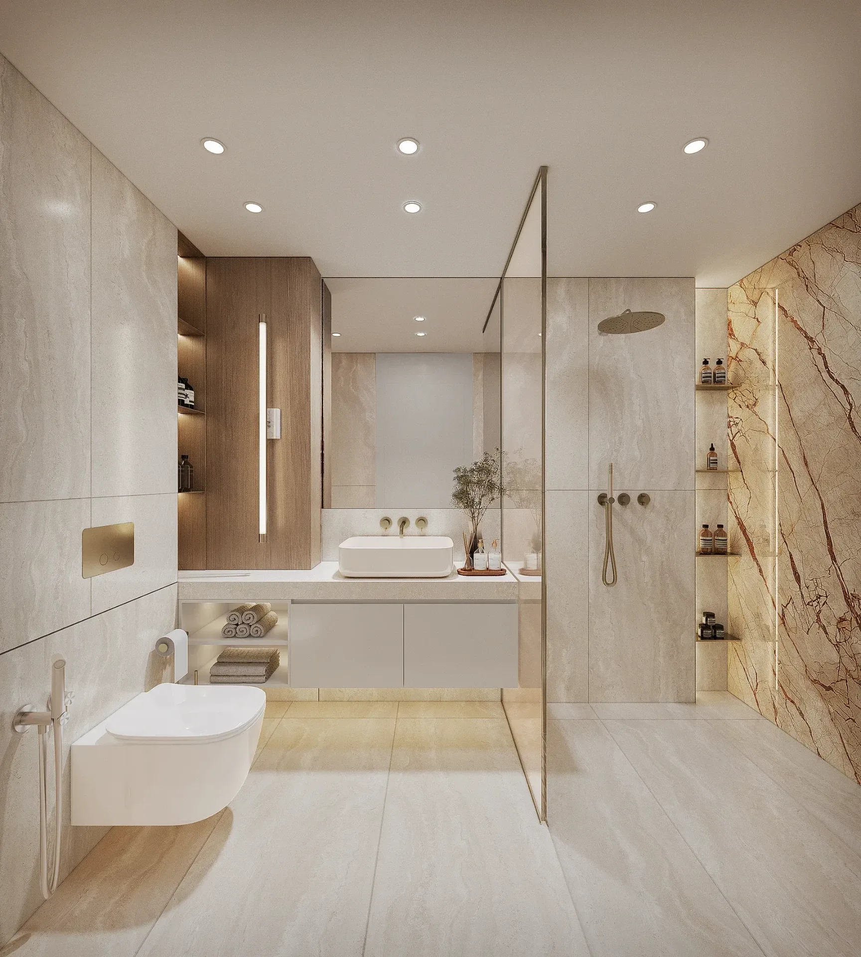 Stone bathroom with walk-in shower