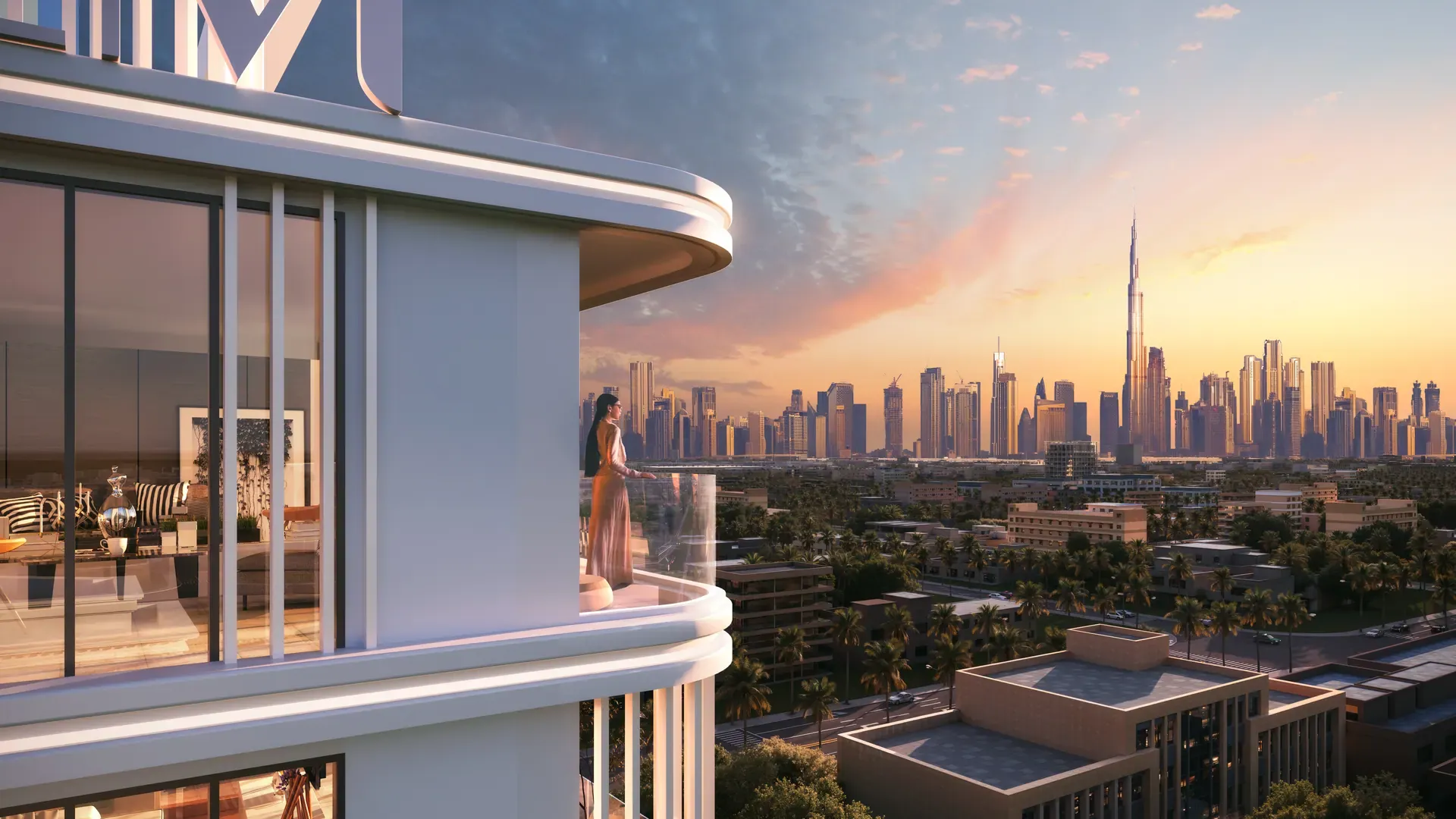 View from a HOLM balcony over the Downtown Dubai skyline at sunset