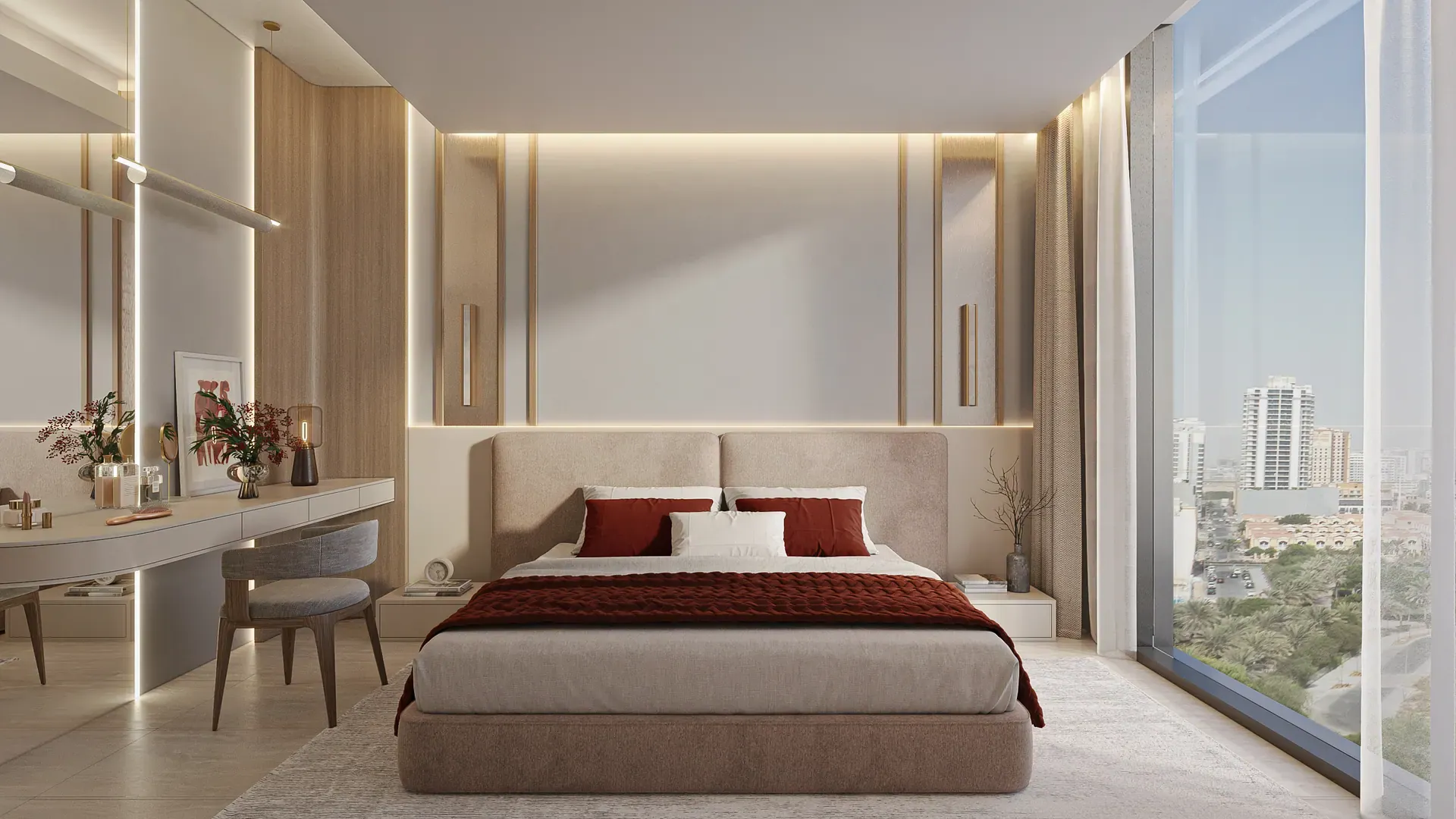 Furnished studio interior, bed and seating area