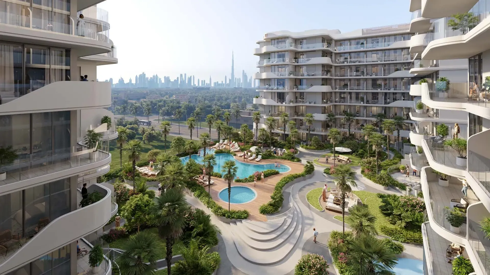 HOLM Central, with landscaped gardens between the two towers and the Downtown Dubai skyline in the background