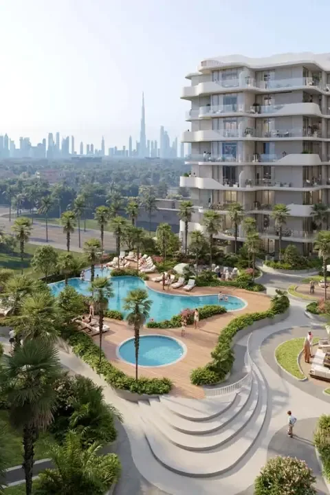 HOLM Central from above, landscaped gardens and the Dubai skyline