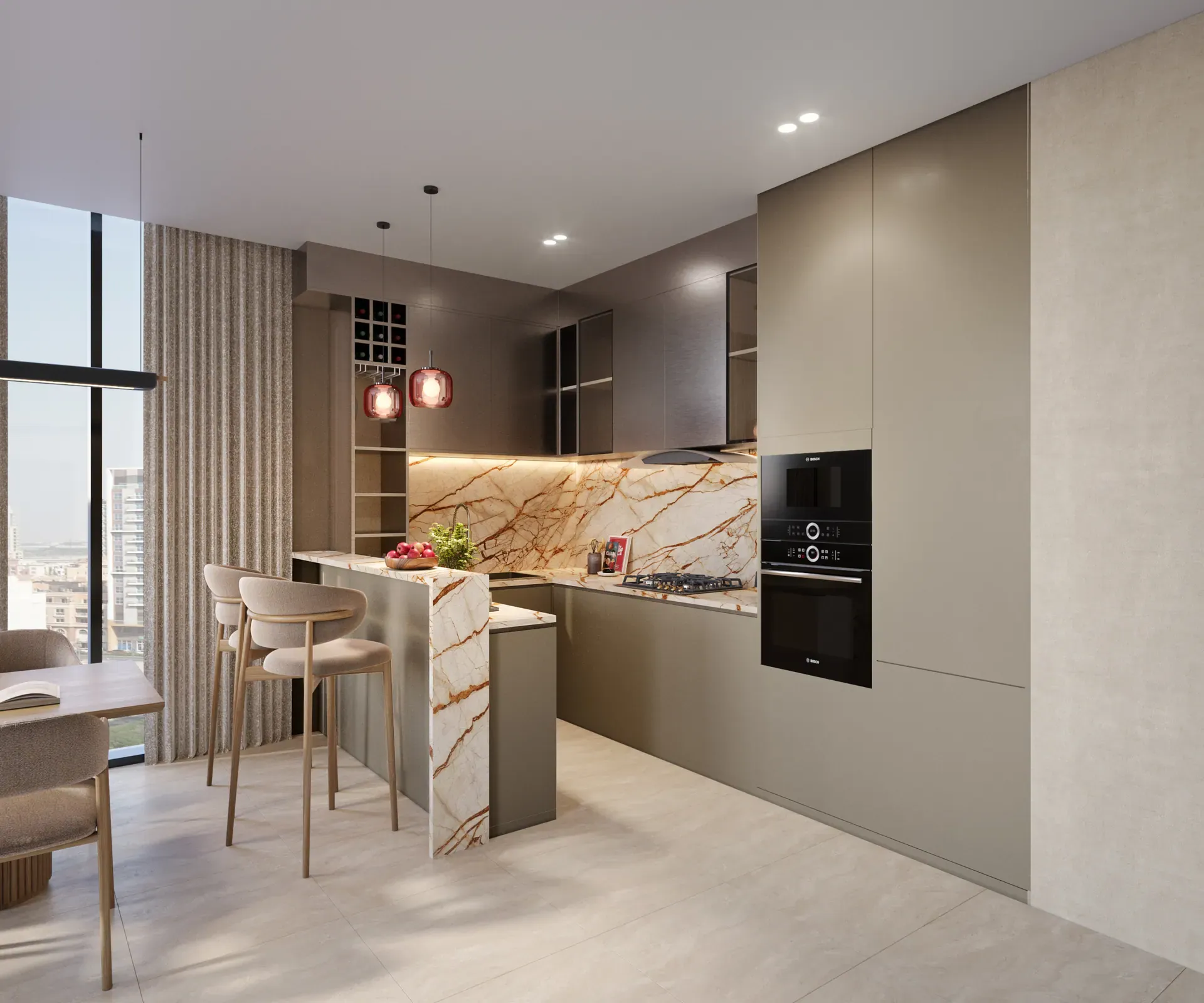 Equipped kitchen with marble splashback and pendant lights